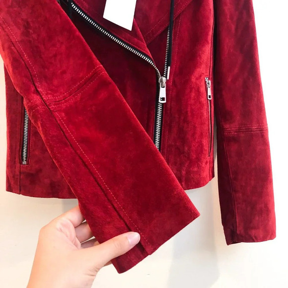 7 For All Mankind Red Leather Bold Western Detachable Hooded Moto Zip Jacket NWT - Picture 3 of 11